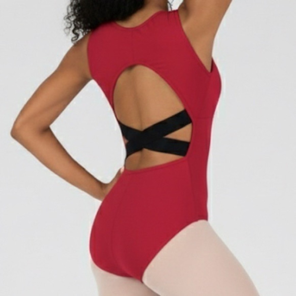 CM Theatricals Classwear Red Black Keyhole Dance Leotard Sleeveless Open X Back
